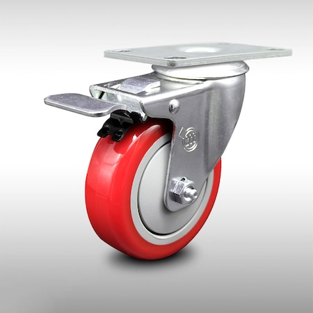 Service Caster 4 Inch SS Red Polyurethane Top Plate Caster with Total Lock Brake SCC SCC-SSTTL20S414-PPUB-RED